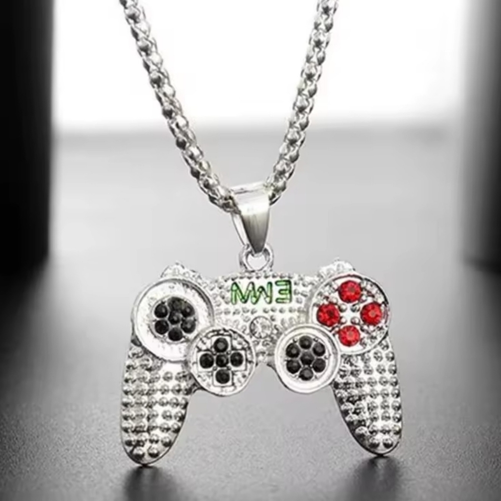 Silver and Red Game Controller Pendant Necklace